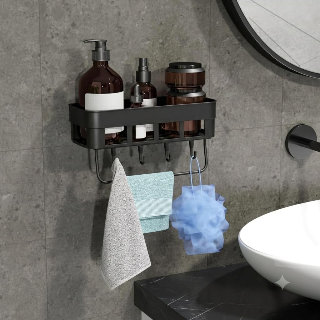 Self Adhesive Bathroom Shelf with Towel Holder & 4 Utility Hooks, Waterproof No Drill Wall Mounted Bathroom Organizer for Shampoo, Soap & Toiletries (Black - 1)-image-8