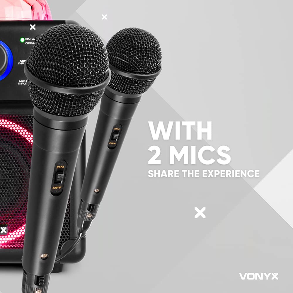 VONYX SBS55P Altavoz Karaoke Con 2 Micrófonos, Luces LED Y Disco, Bluetooth, Batería Recargable, USB – Rosa, Potencia 50W – Ideal Para Fiestas Infantiles Y Regalos