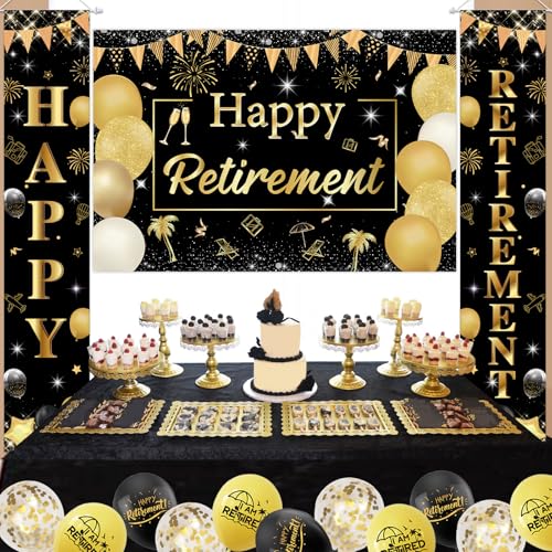 Sursurprise Retirement Party Decorations Black Gold, Happy Retirement Door Banner Backdrop, Retired Balloons for Women Men - Image 2