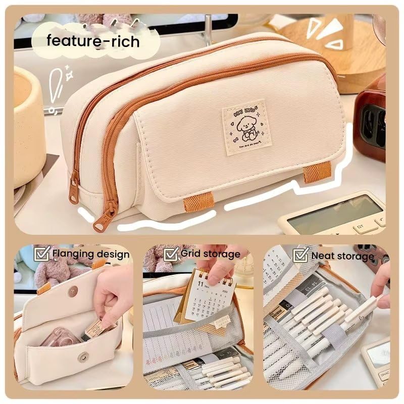 Image of Canvas School Bag Pencil Case, 3 Layer 6 Compartment Large Capacity, Aesthetic Pencil Pouch for Stationary, Cute Stationery for Kids, Pencil Case for Girls & Boys (Cream Pouch)