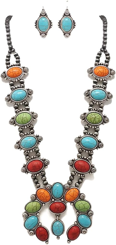 Rosemarie & Jubalee Cowgirl Chic Western Necklaces for Women with Semi-Precious Howlite Stone & Earrings - Squash Blossom Necklace & Earrings Set for Special Occasions & Everyday Wear