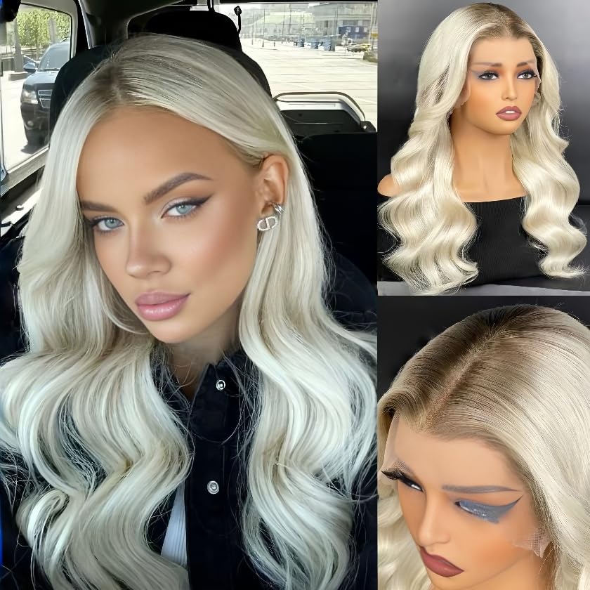 Image of Balayage Highlight Ombre Platinum Blonde Lace Front Wigs Human Hair Body Wave Pre Plucked 180 Density Platinum Blonde Human Hair 13x4 Front Wigs Glueless Lace Front Wig for Women ( Body Wave, 26 Inch)
