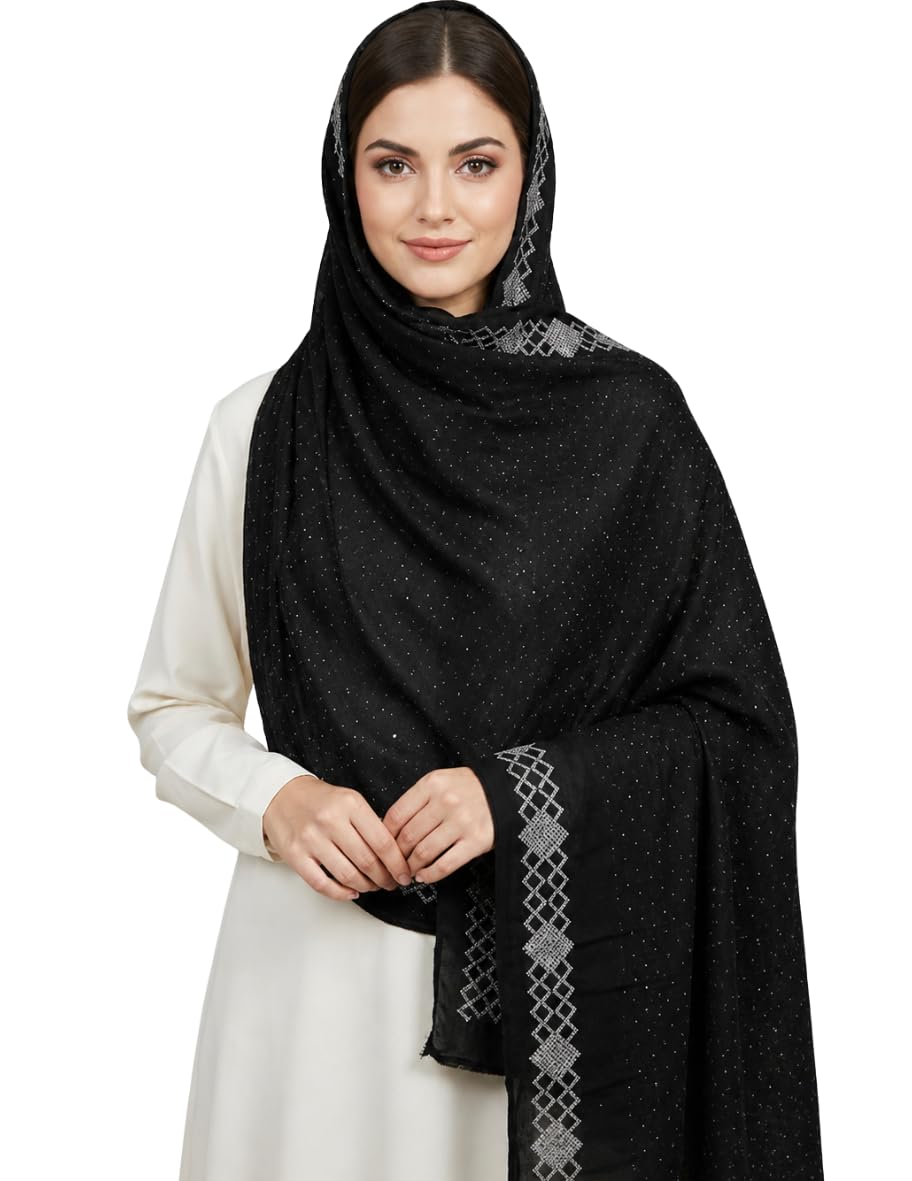 Women Black Hijab Scarf with Elegant Silver Border | Soft Lightweight Muslim Headscarf | Stylish Black Dupatta with Silver Sequin for Women | Hijab Dupatta for Namaz, Daily Wear, Eid & Modest Fashion-image-37