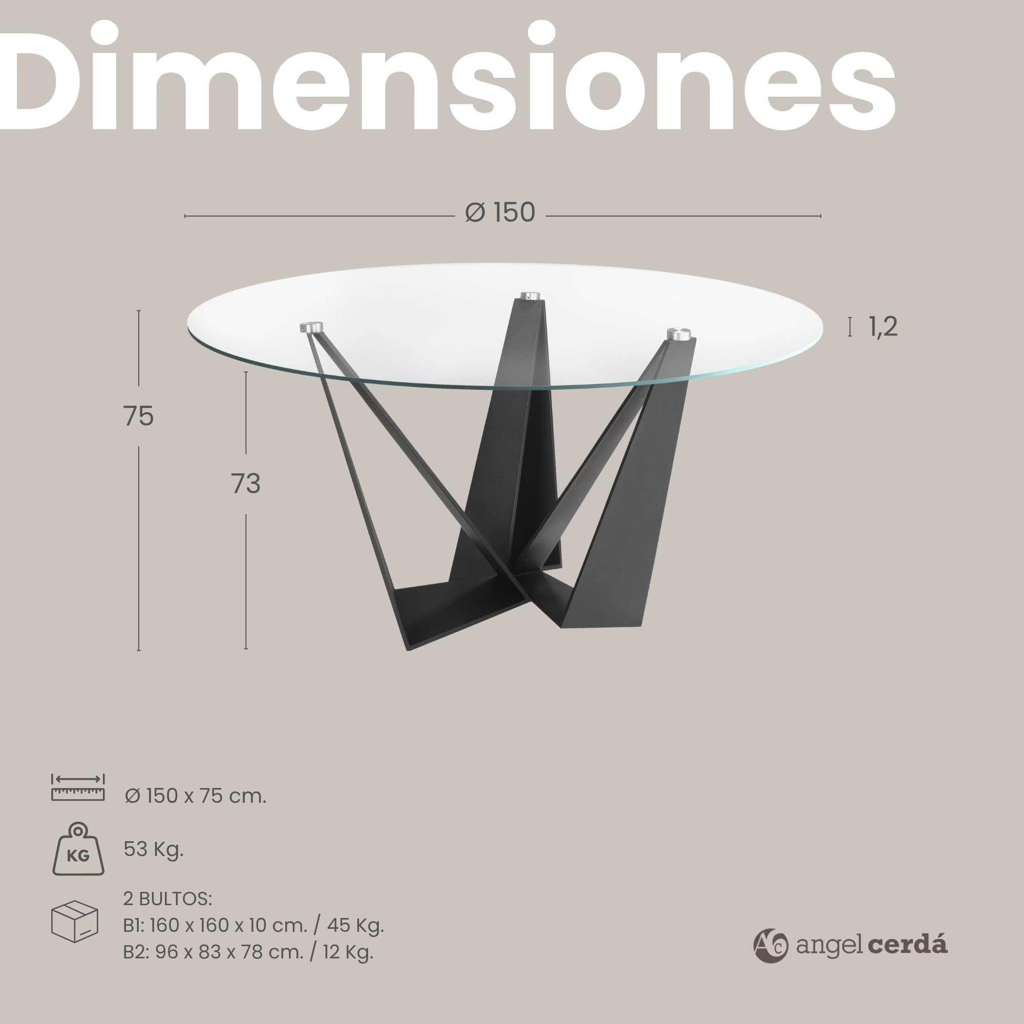 Mesa de Comedor Redonda Ángel Cerdá 1045 de Cristal Templado Transparente y Patas de Acero Color Negro, Ø 150 x 75 cm