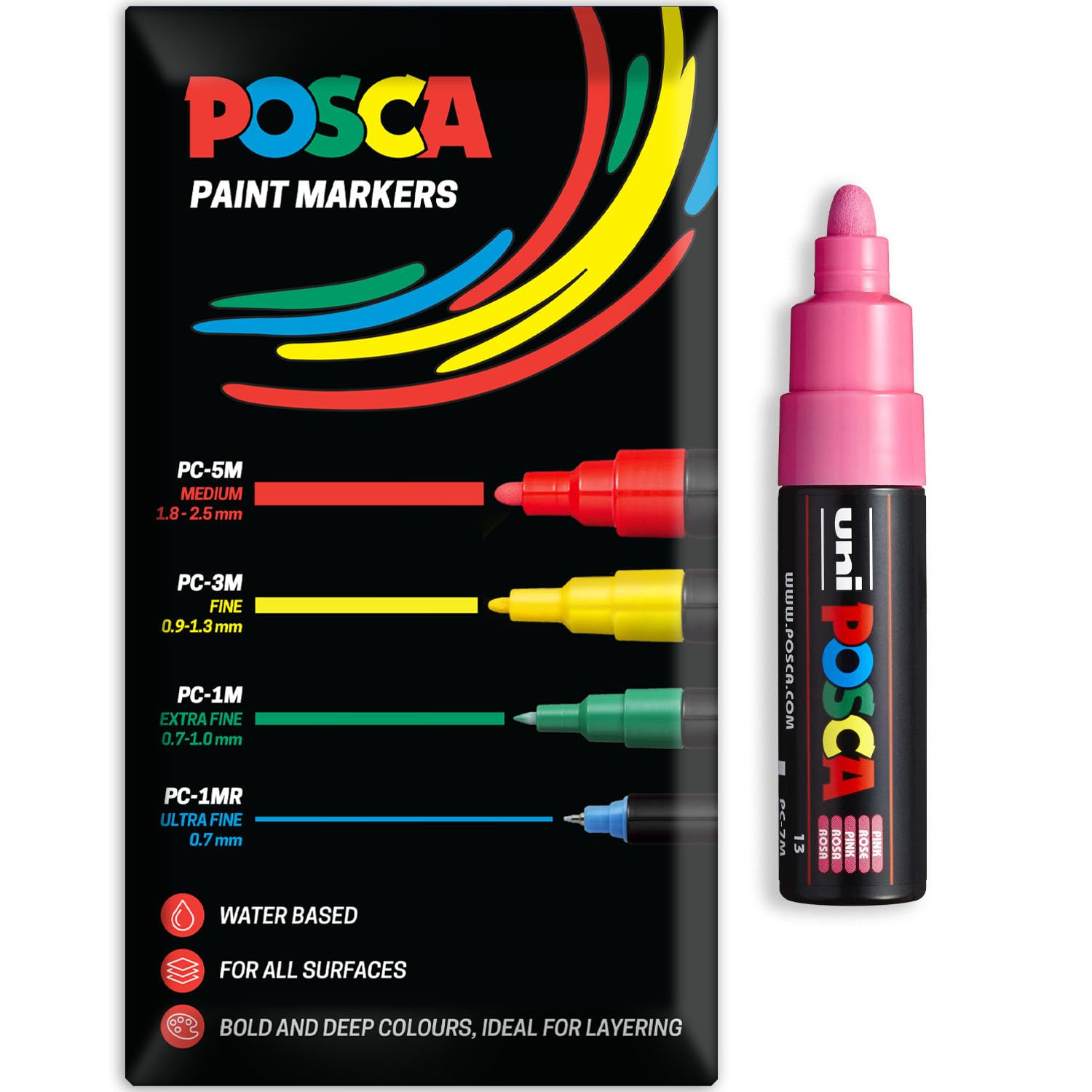 Posca Water Based Acrylic Paint Marker Pens | Multi Surface Use Permanent Paint Pen | Pack of 1 in Envelope Gift Packaging | Glass, Fabric, Canvas, Wood etc | PC-7M, Pink