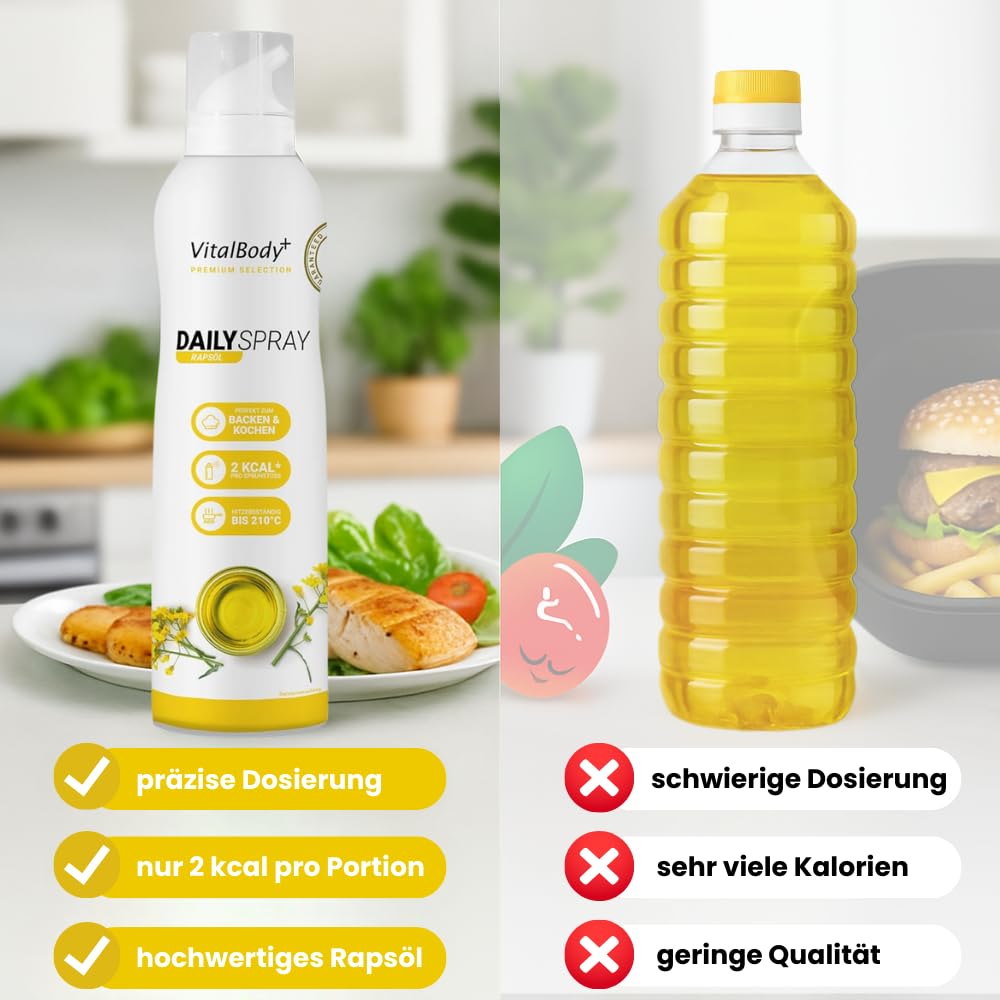 VitalBody+ DailySpray Probierpaket, 6er Pack – 2 kcal Ölspray für Airfryer, Braten & Grillen – Kalorienarm Kochen – Non-stick Cooking Spray, 4800 Portionen