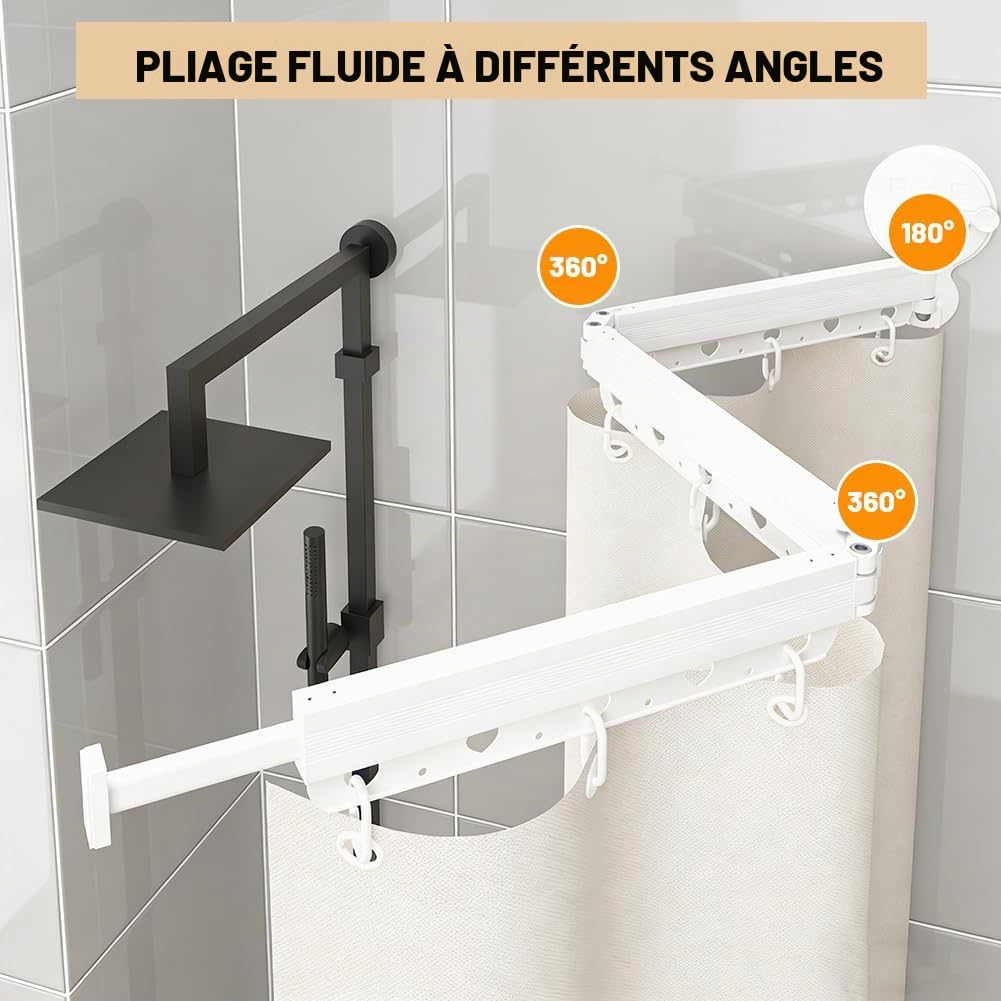Tringle à rideau de douche avec ventouses, angle multiple, 3 pliages, 70 à 104 cm, sans perçage, tringle télescopique pour fenêtres, séparateurs de pièce et cuisines