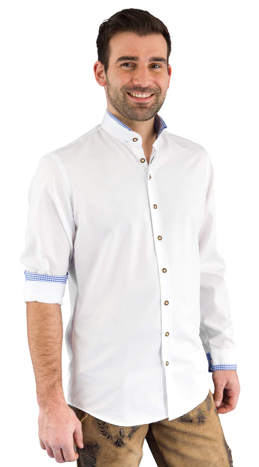 Arido Trachtenhemd Herren 2624 255 30 Baumwollhemd Weiß Blau Kariert Hemd Stehkragen Slim Fit Freizeit Shirt Herren