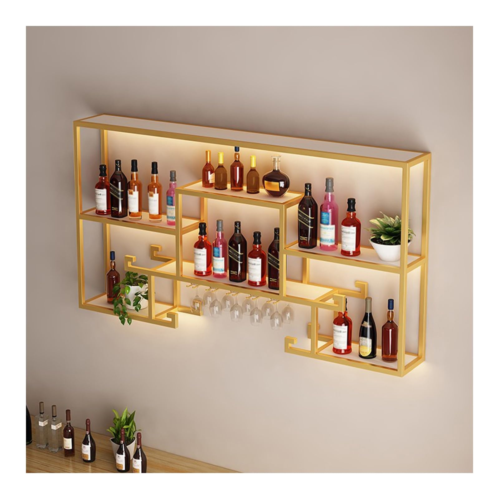 Casier à vin doré LED mural pour ranger bouteilles et verres