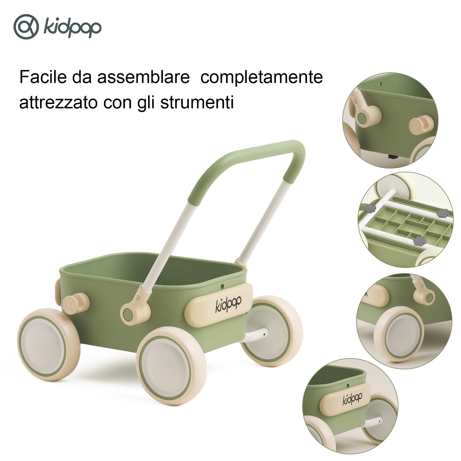 Kidpop PULA Carrello primi passi per bambini, deambulatore d’equilibrio per ragazzi e ragazze, da 7 mesi a 3 anni, regalo di compleanno, verde