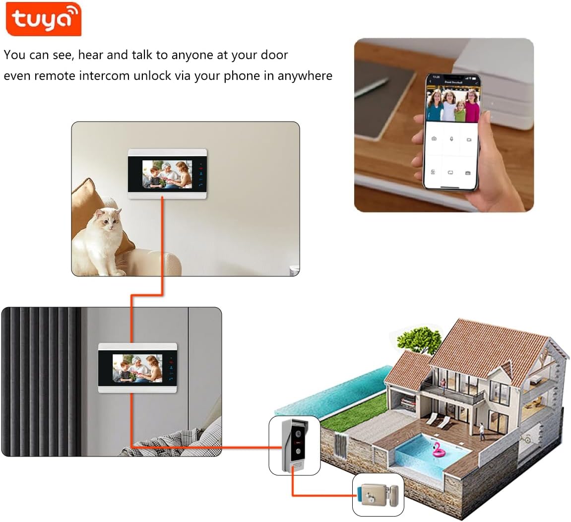 WiFi Video Intercom System Video Doorbell with 7-inch LCD Monitor, Call Button Tuya WiFi Intercom Kit Smart Video Door Phone System 1080P 4-Wired Doorbell Camera (Silvery)