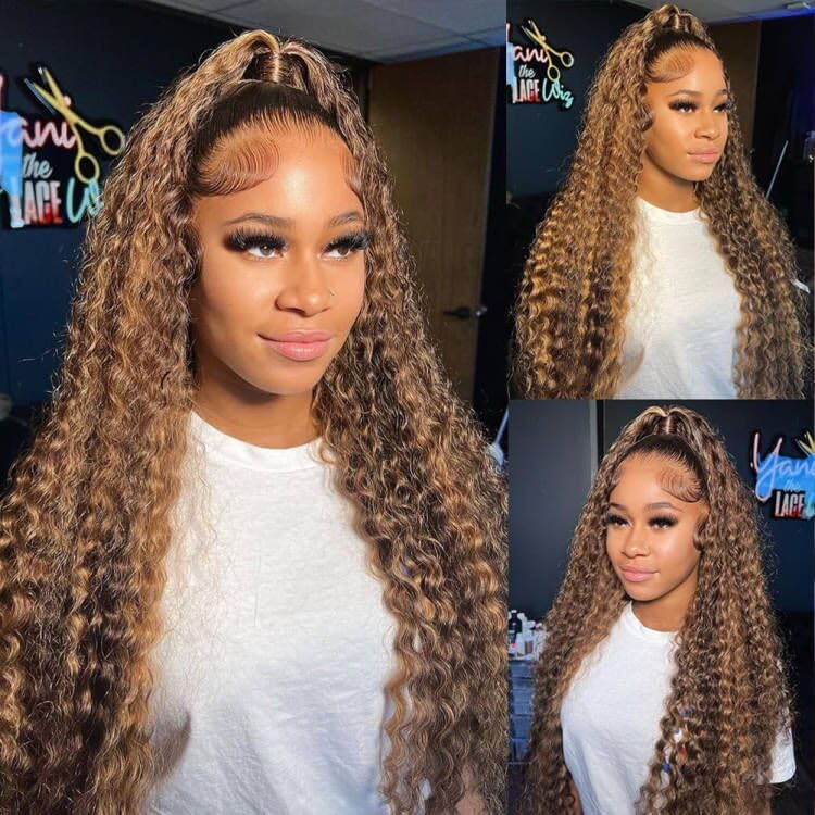 Image of Pizazz 13x4 Ombre Highlight Lace Front Wigs Human Hair Pre plucked 180 Density 4 /27 Honey Blonde Deep Wave Human Hair Wigs for Women 30 Inch