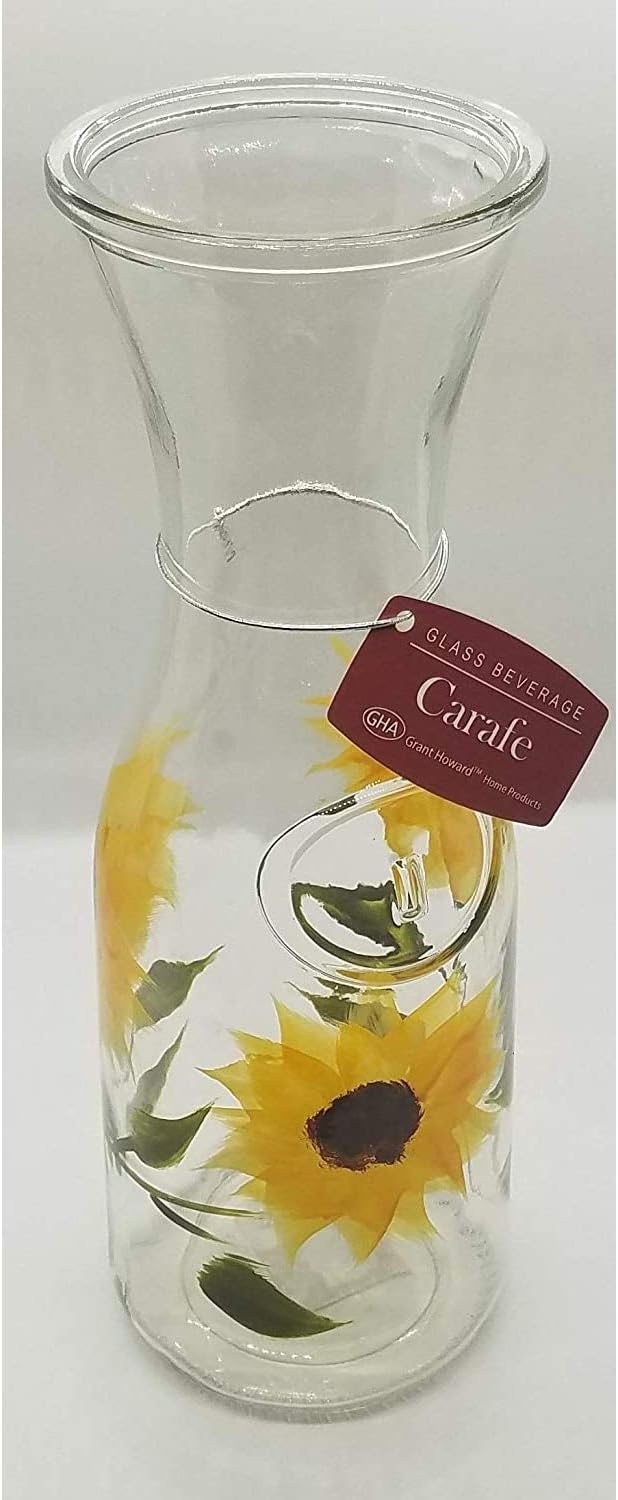 Grant Howard 34 Ounce Capacity Elegant Hand Painted Beverage Glass Carafe Decanter Versatile Drink Pitcher, Sunflower Field Design