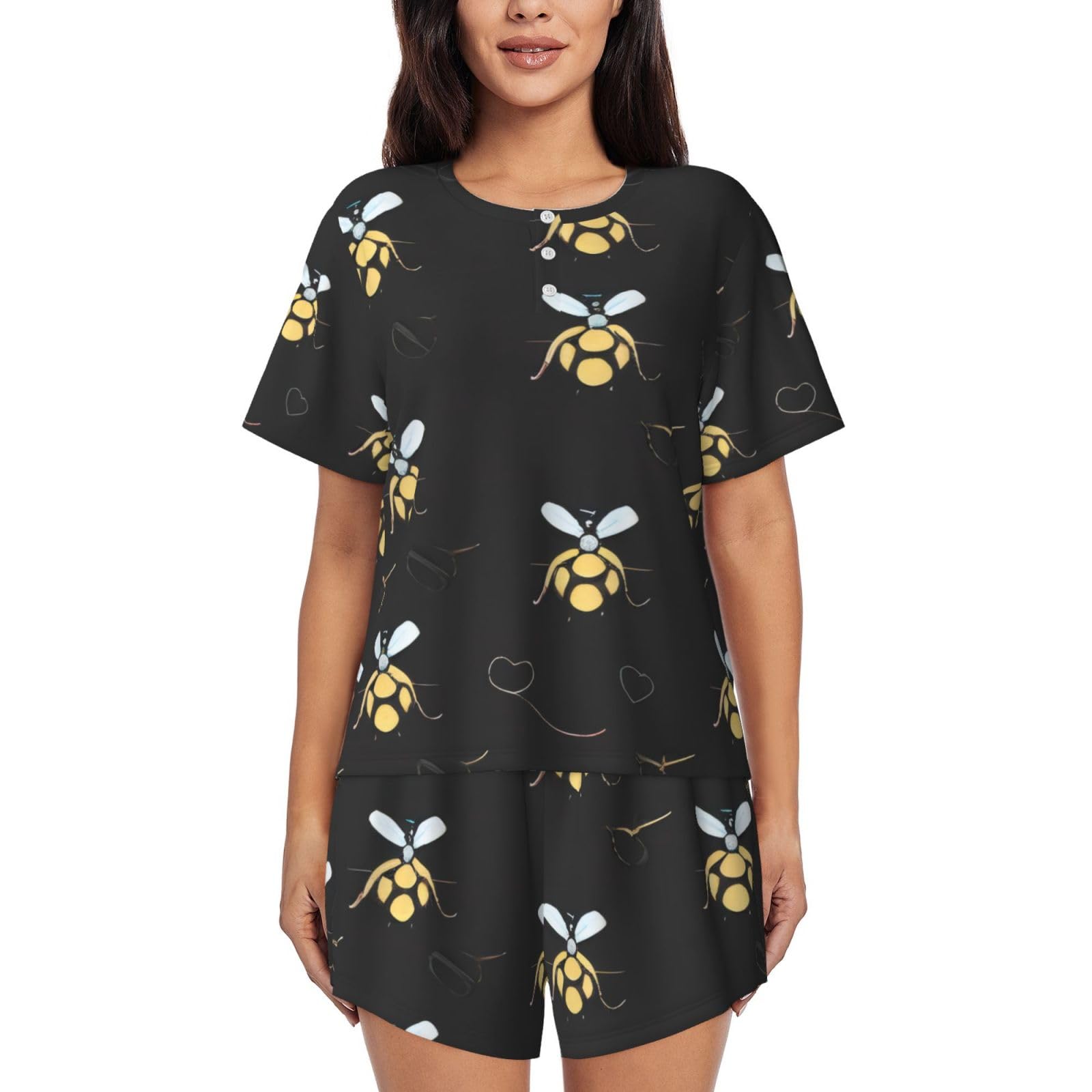Gmsghjhdr Women's 3 D Fashion Bumble Bees Pajamas Set - Round Neck Short Sleeve Sleepwear, Soft Comfortable Button Down Nightwear Lounge Pj Set