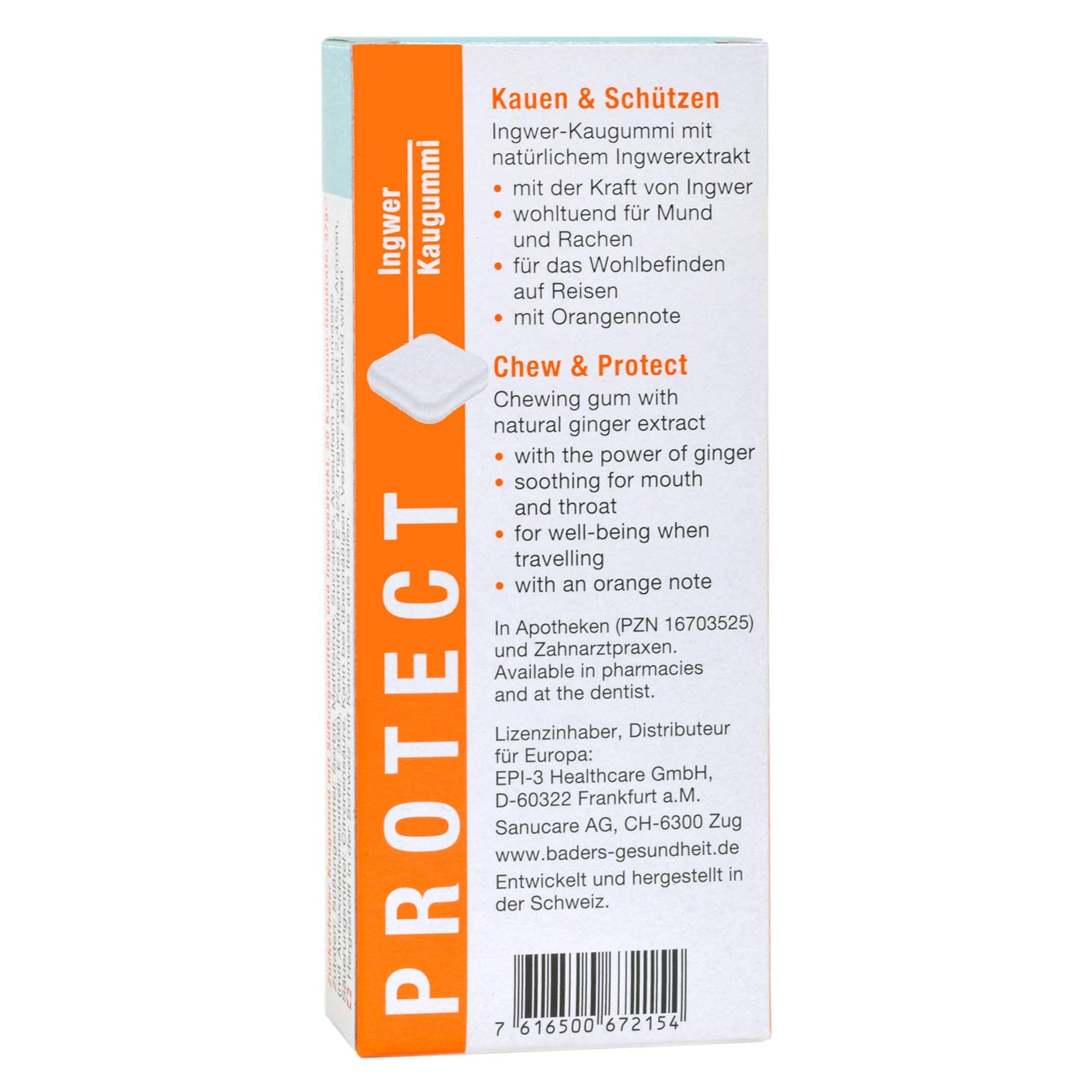 BADERs PROTECT Chicle de Jengibre, 3 x 20, Sabor Naranja, Ideal para Viajes