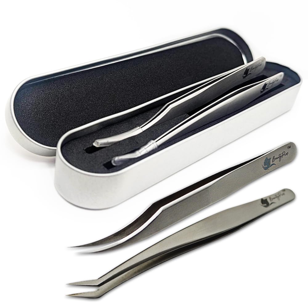 Lash Extension Kit - Stainless Steel Precision Tweezers set with Dolphin Shaped and Curved Pointed Tip - Tweezers for Eyelash Extension - 2-Pack