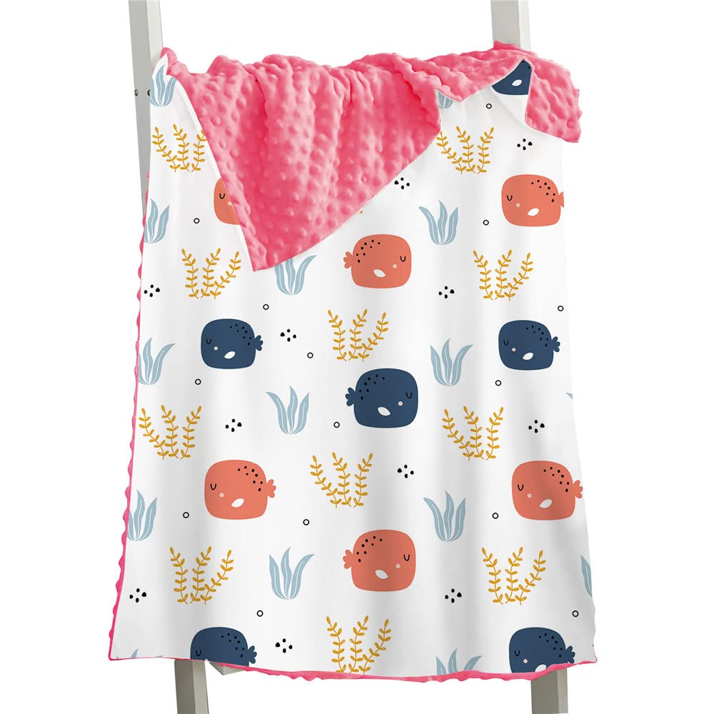 Hixingo Comfort Blanket for Kids Baby, Animal Printed Double Layer Throw, Sensory Soft Minky Dot Reverse Side Plush, Blanket Bedding for Children Boys Girls (small fish 2,150x110cm)