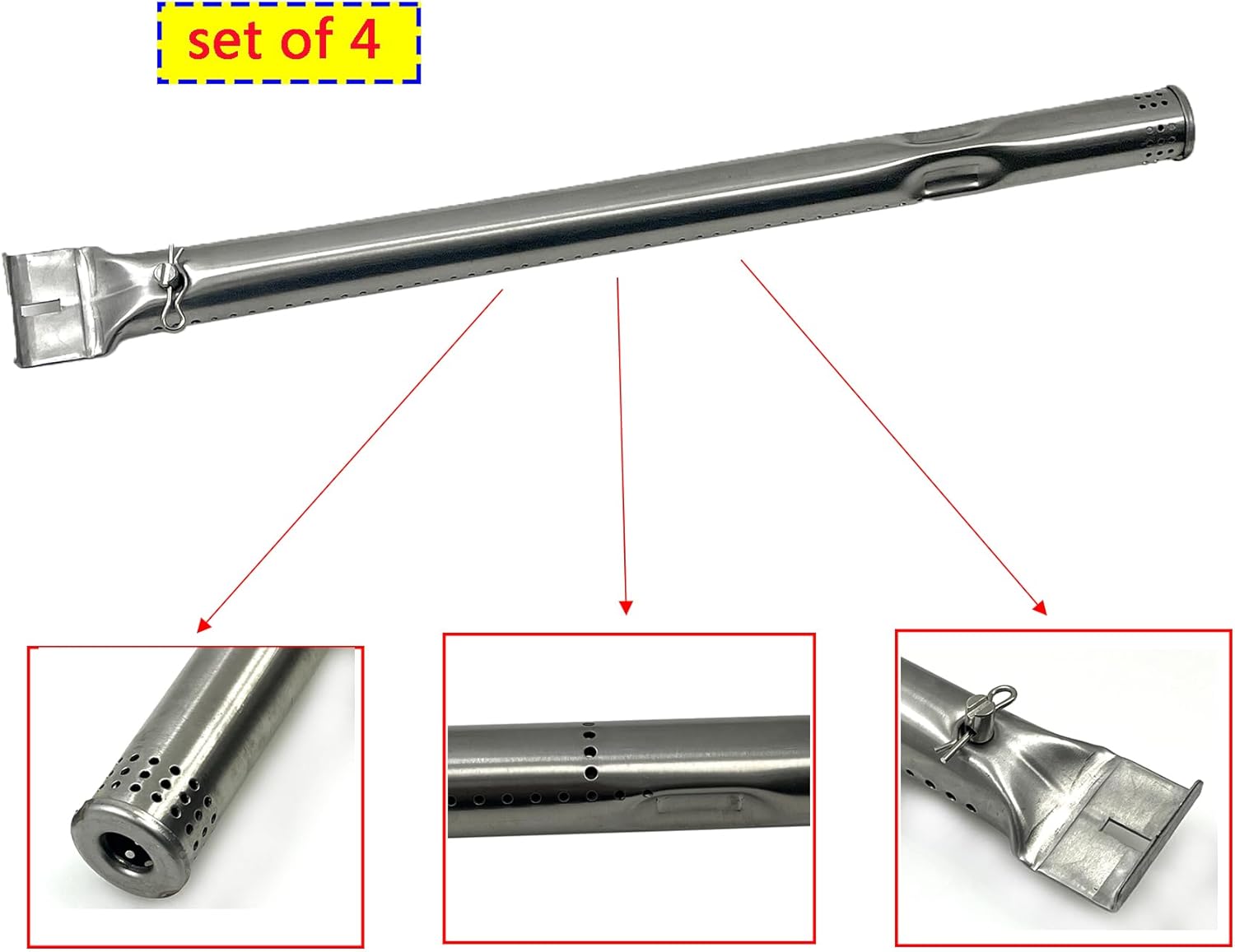 Close-up views of the stainless steel burner tube, showing the air intake, gas ports, and mounting bracket.