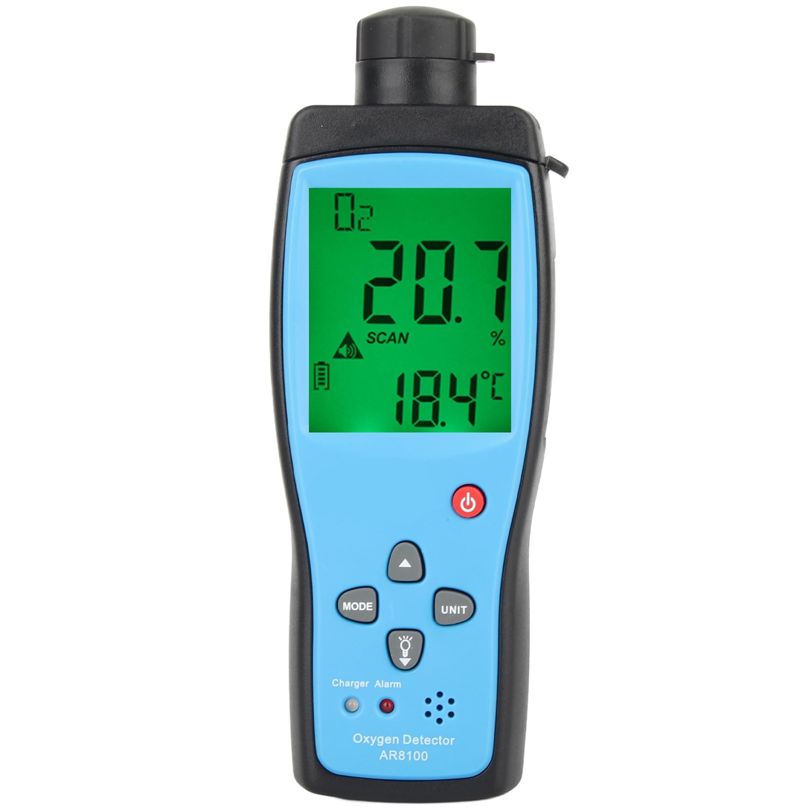 Rilevatore di Ossigeno AR8100, Misuratore di Ossigeno Portatile in ABS, Range da 0 a 30%, Display LCD Retroilluminato, Allarme Luminoso Audio Ricaricabile per Uso Esterno in Fabbrica, Casa,
