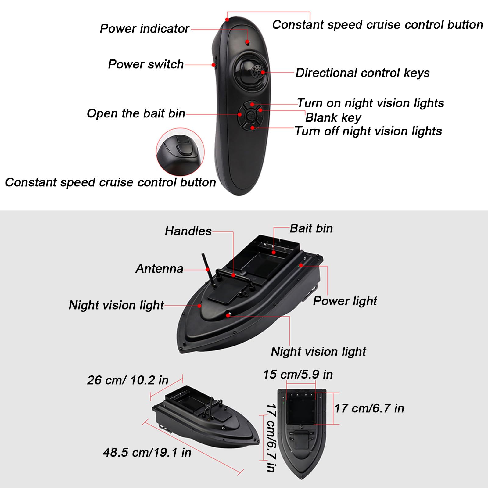 Inteligentna Łódka RC z Przynętą, z Baterią o Dużej Pojemności 17000mah, Łódka Wędkarska GPS, Odległość Zdalnego Sterowania 500 Metrów Maksymalne Obciążenie 1,5KG,1Battery