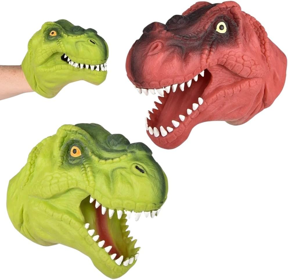 2 Pack Stretchy Dinosaur Hand Puppets - Realistic T-Rex Toys, Green and Red Soft Rubber, Great for Kids Ages 3+, Storytelling, Dino Puppet Party Favors, Classroom, Bath Time, Indoor & Outdoor