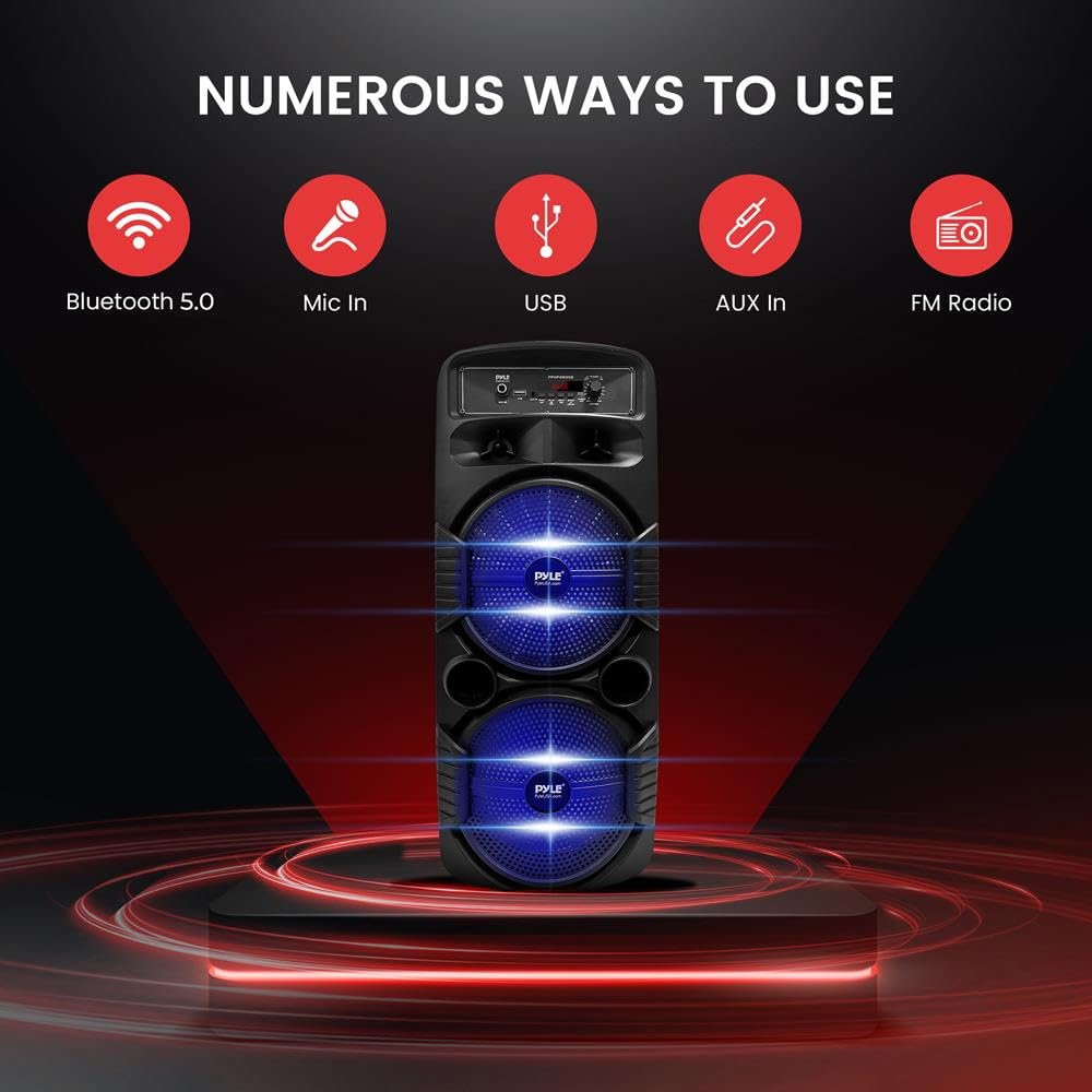 Pyle Enceinte Bluetooth, Enceinte Portable Extérieure Rechargeable de 600 W, Haut Parleur Sono avec Double Caisson de Basses, Tweeter, Entrée Microphone, Lumières de Fête, USB, Radio, Télécommande