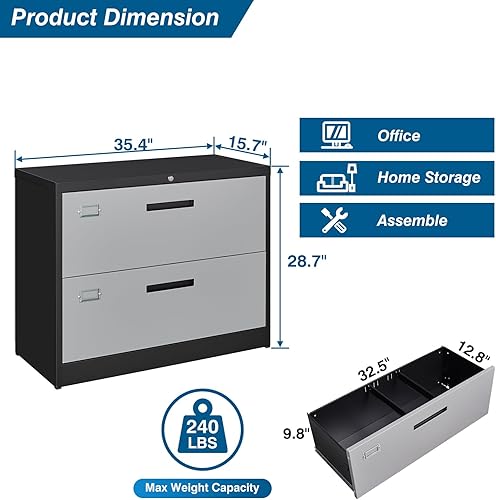 Miniatura 3 de Archivador lateral de metal con cerradura, archivador de almacenamiento de 2 cajones con mecanismo antiinclinación, archivadores anchos para oficina