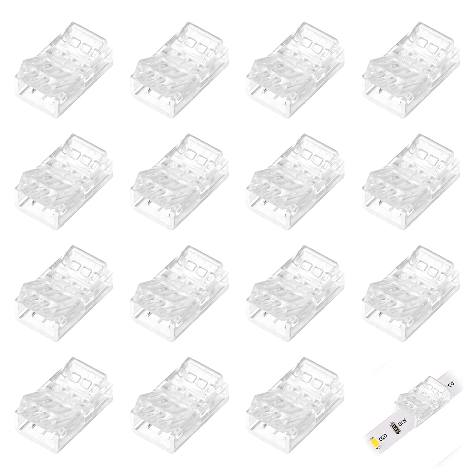 15 sztuk złączek do taśm LED, mini złącze COB LED, 2-pinowe, 8 mm, złącze do taśm LED, szybkozłączki do kabli i taśm bezszwowych, przezroczystych