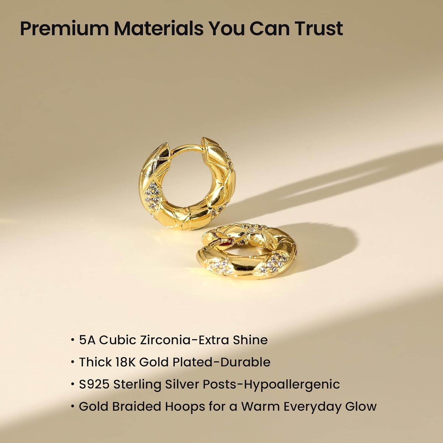 ARSIS Hoop Earrings for Women, 18K Gold Plated, Hypoallergenic, 925 Sterling Silver Posts, Lightweight, Snake-Bone Inspired Huggie Hoops with CZ, Gold/Silver/Rose Gold, Minimalist Jewelry Gift for Mom image 2