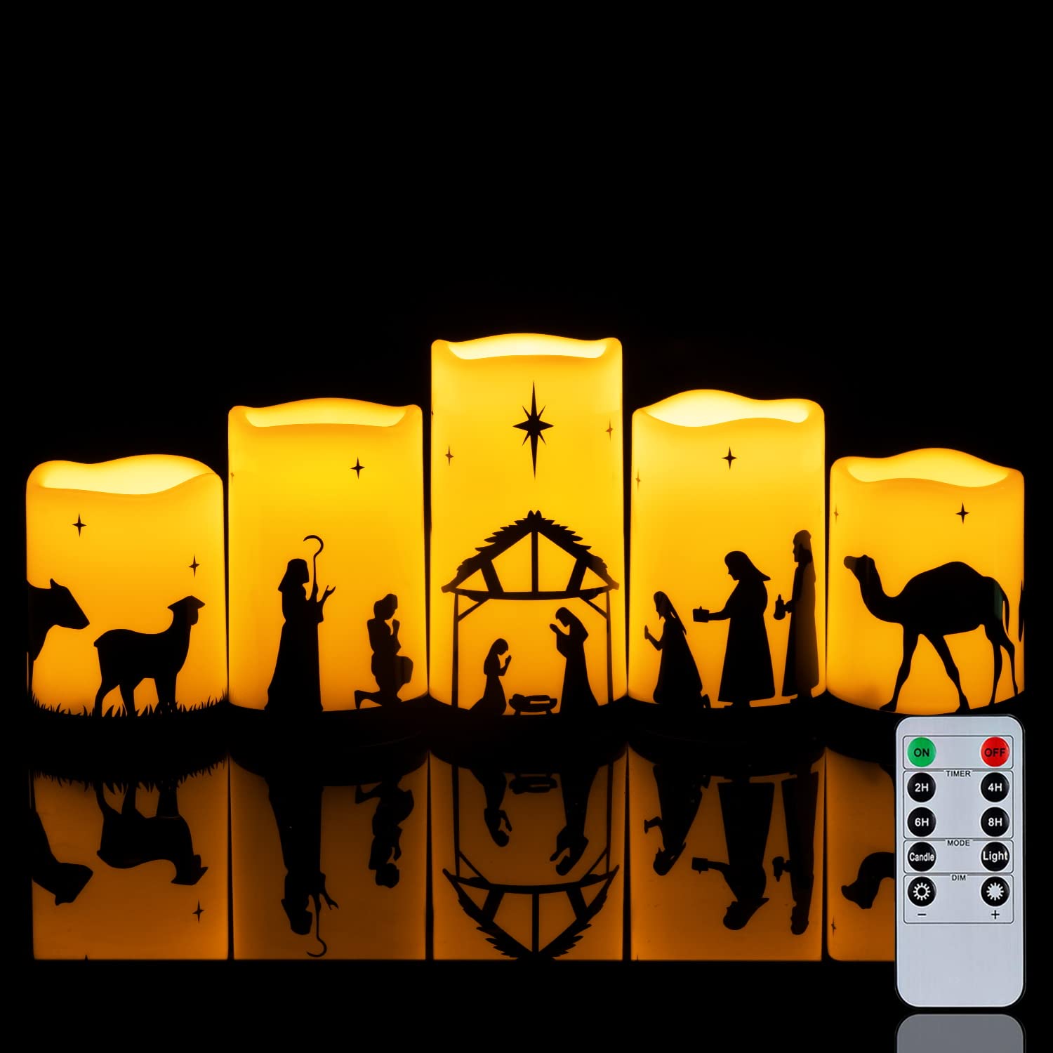 Homemory Flameless Christmas Nativity Scene Candles, Battery Operated LED Pillar Religion Candles, Nativity Sets Indoor Outdoor Decorations for Xmas Holiday Home Decor, with Remote and Timer, Set of 5