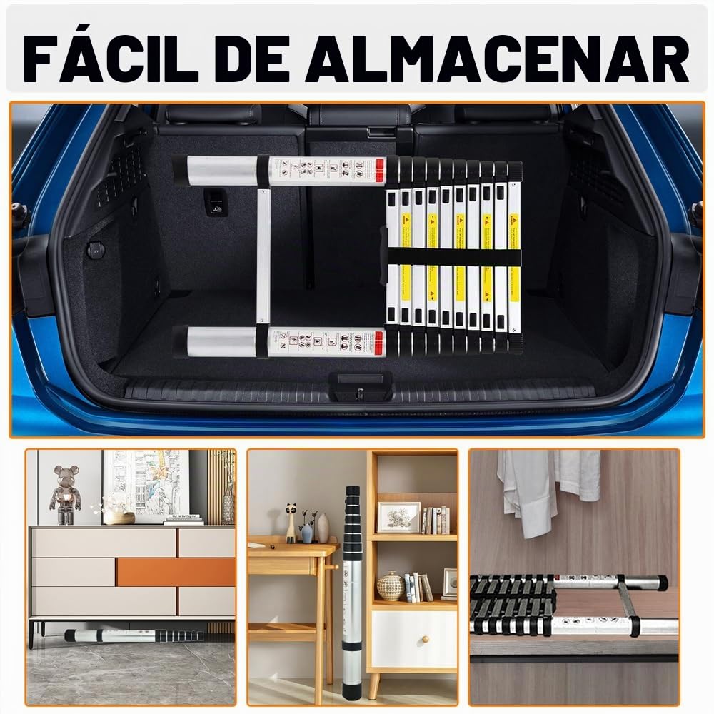 Escalera telescópica de acero inoxidable Rigogo de 5 m con 2 ganchos, escalera extensible antideslizante para ático, escalera de atraque, 14 peldaños, fácil de transportar, capacidad de carga de 150