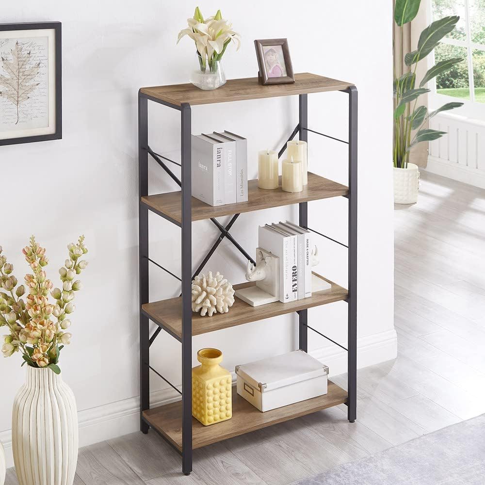 FOLUBAN 4 Tier Open Bookshelf, Vintage Free Standing Book Shelf, Rustic Wood and Metal Bookcase for Home Office, Oak