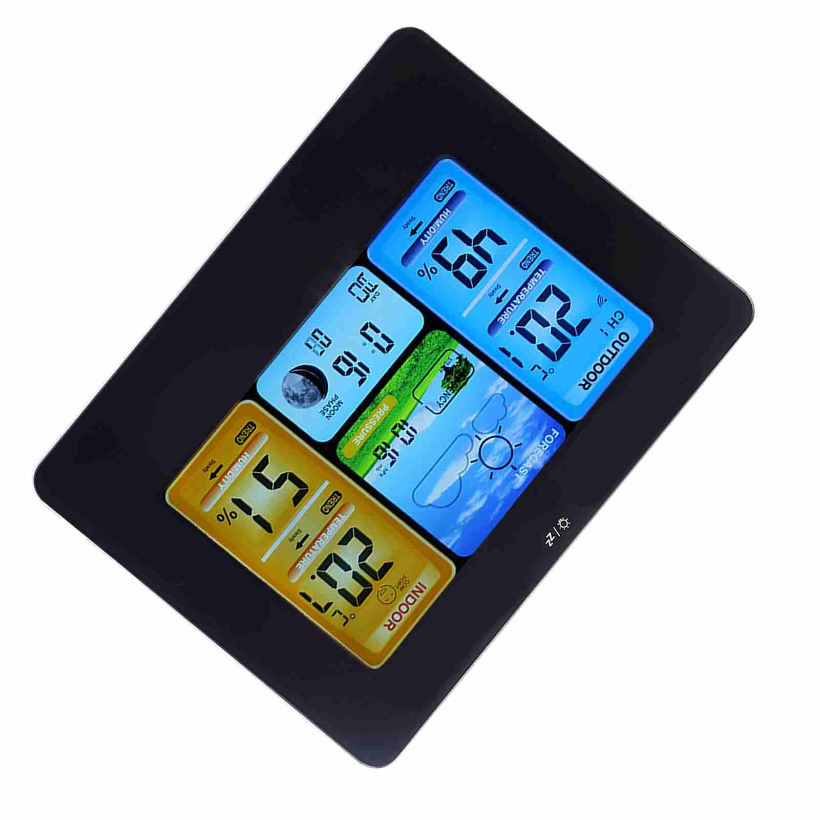 Ejoyous Drahtlose Wetterstation, Digitale Wetterstation aus Beschichtetem Glas mit Innen- und Außenthermometer, Farbdisplay, Wettervorhersagealarm Mondphase, für den Schreibtisch Zur Wandmontage zu