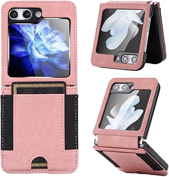 Samsung Galaxy Z Flip 7 Case Leather Wallet with Hinge Protection Card Slots PU Leather Card Holder Rugged Non-Slip Full Body Drop Protector Back case for Z Flip 7 Pink