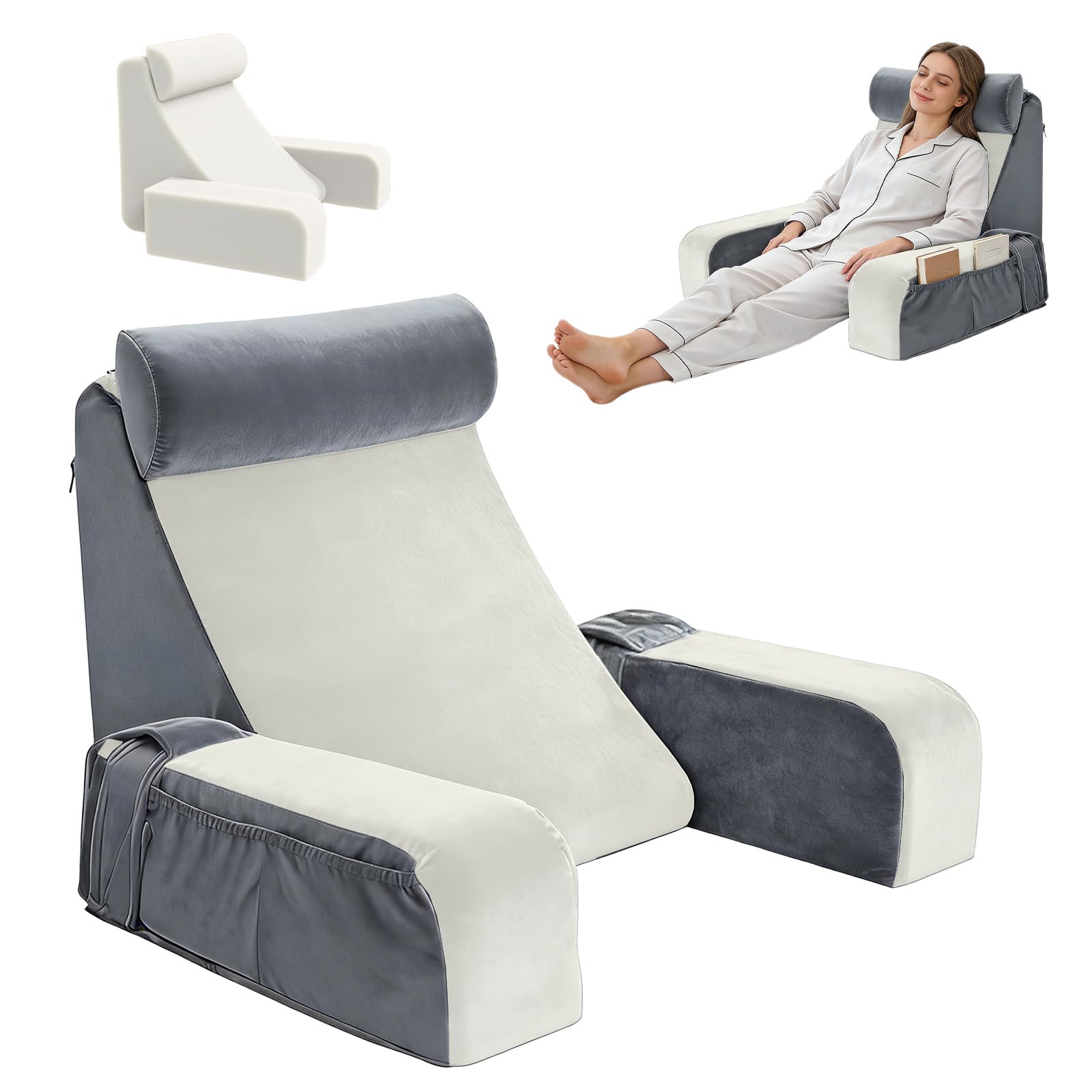 Cuscino da lettura per adulti, cuscino per schienale per letto e divano con braccioli rimovibili, schienale ergonomico per leggere, guardare la TV e rilassarsi, rivestimento lavabile