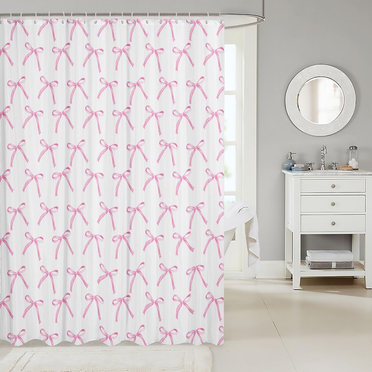 Manfei Cartoon Bowknot Kids Shower Curtains,Pink Bow Tie Butterfly Knot Princess Bathroom Curtains for Girls Women,Watercolor Bow Patchwork Pink White Waterproof Curtains,12 Hooks Suits,72" W x 84" L