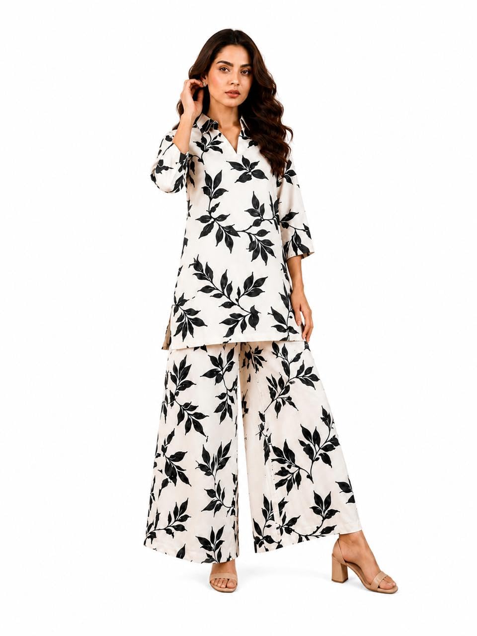 velvet berry Co-Ord Set Black & White Leaf Print-picture-44