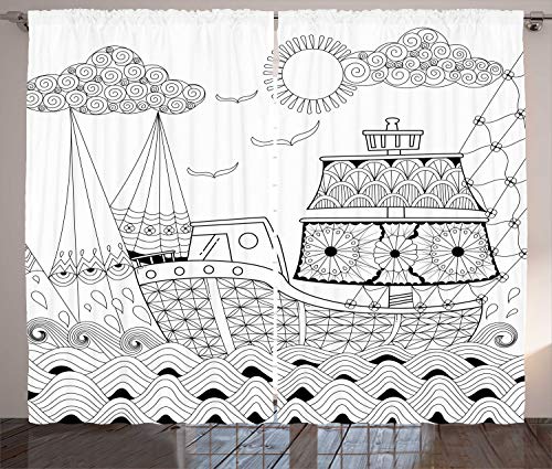 ABAKUHAUS Odisea Cortinas, Las Ondas de Barcos Antiguos, Sala de Estar Dormitorio Cortinas Ventana Set de Dos Paños, 280 x 225 cm, del Gris y Blanca