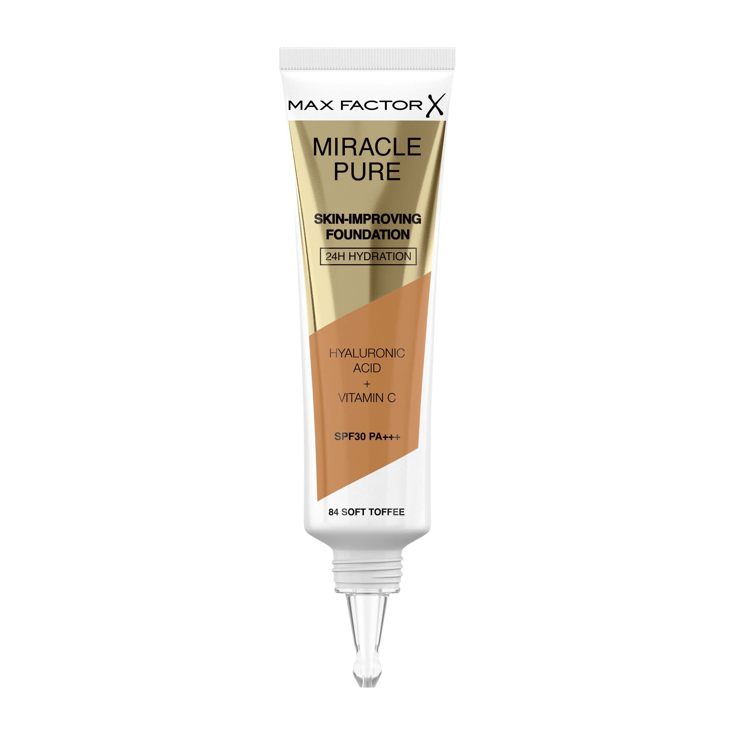 Max Factor Miracle Pure Skin-Improving Foundation - With Vitamin C & Hyaluronic Acid - 24-hr Hydration - Clinically Proven Radiance, Firmness, Elasticity, Density & Suppleness - 84 Soft Toffee, 30ml