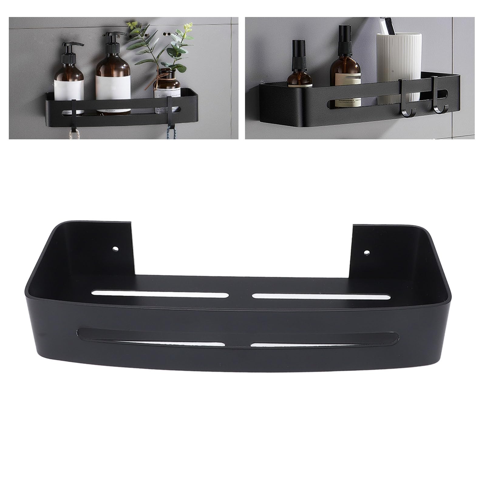 Topyond Wall Mount Bathroom Shelf Single Layer Space Aluminum with Hooks Floating Shower Rack Bathroom Storage Organizer Rustproof