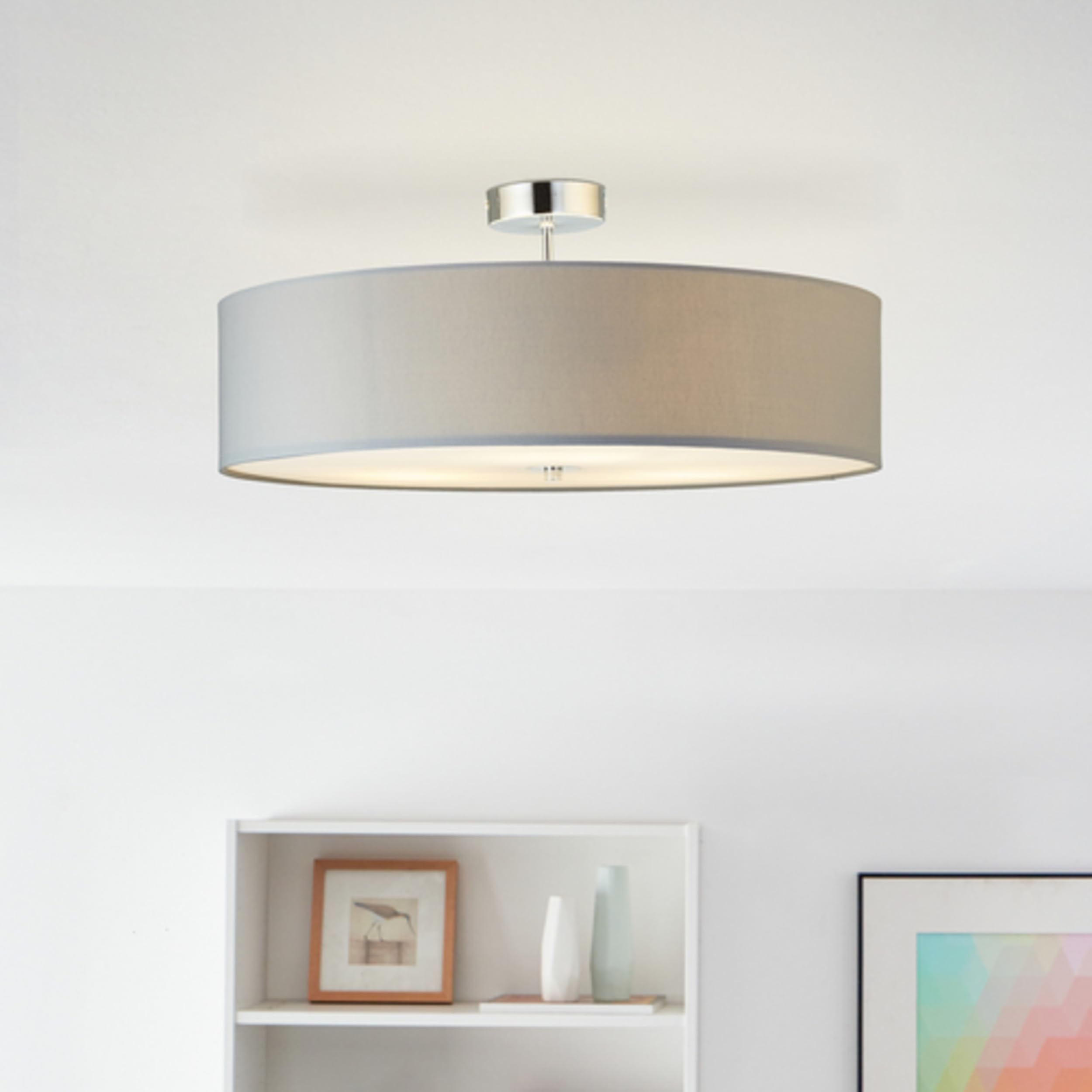 Lightbox Lampada da soffitto design semplice con paralume in tessuto | Ø 60 cm | plafoniera moderna | 3x presa E27 | in metallo/tessuto grigio chiaro/cromo