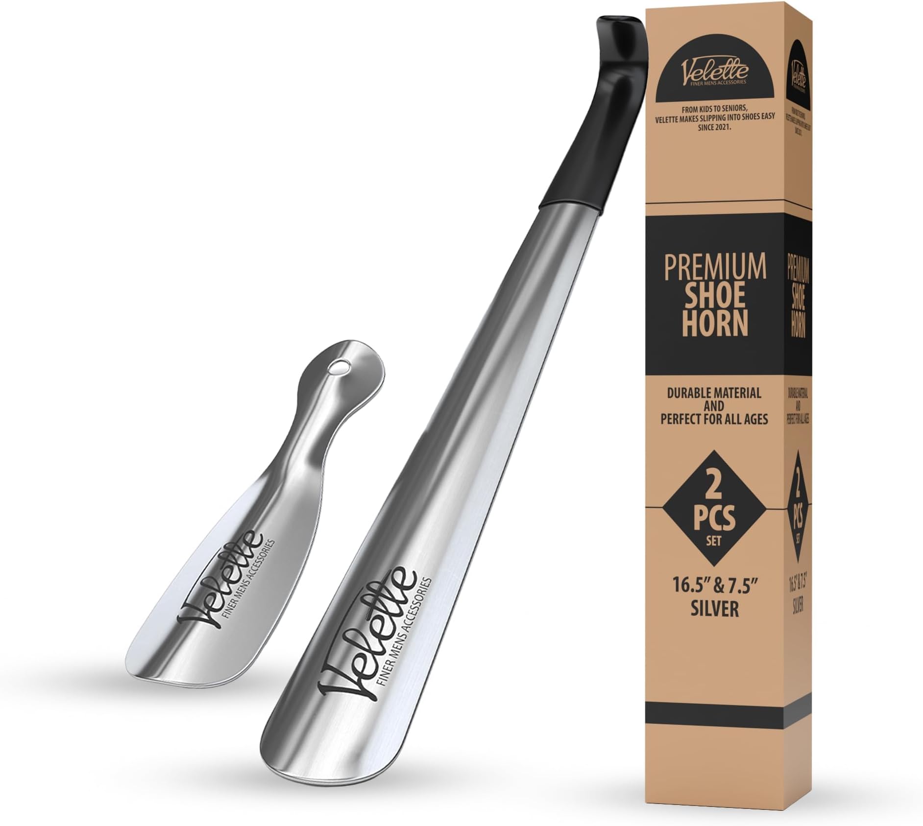 Velette Metal Shoe Horn Long Handle for Seniors - Stainless Steel 2 Pack