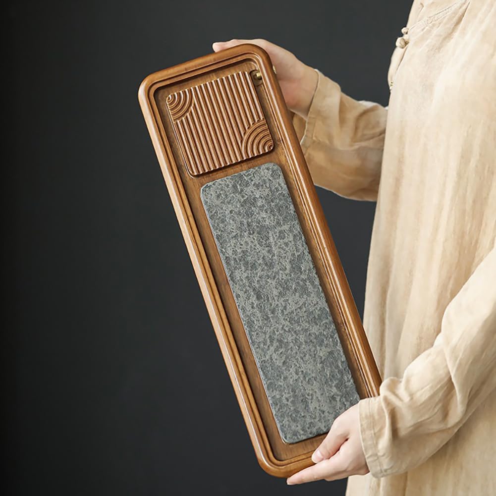 PA-DABAOO Bamboo & Stone Chinese Tea Tray,Kung Fu Tray for Dry/Wet Tea Brewing Station,Rectangle Serving Trays with Scientific Zoning,Retro Trays for Home Or Commercial Use
