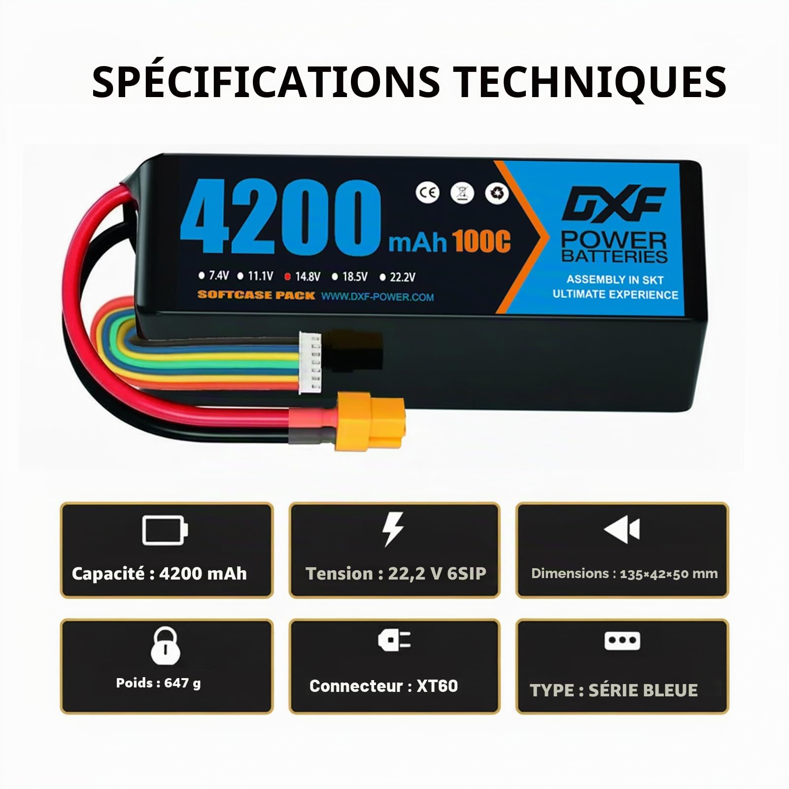 DXF 2 Paquets Batterie lipo 6s - Haute Performance pour modèles rc - 22,2v 4200mah - lipo 6s idéale pour hélicoptères, Voitures 1/8 & 1/10, et Drones FPV - livrée avec connecteur xt60