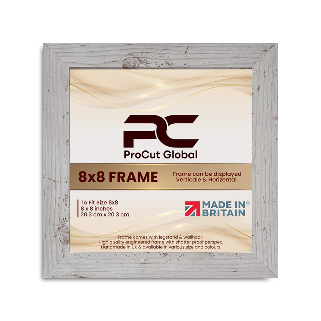 Procut Global 8X8 White Rustic Picture Frames - Modern Wooden Photo Frame with Shatterproof Perspex for Wall or Tabletop - Perfect for Posters, Certificates, Prints - Sizes & Colors Available