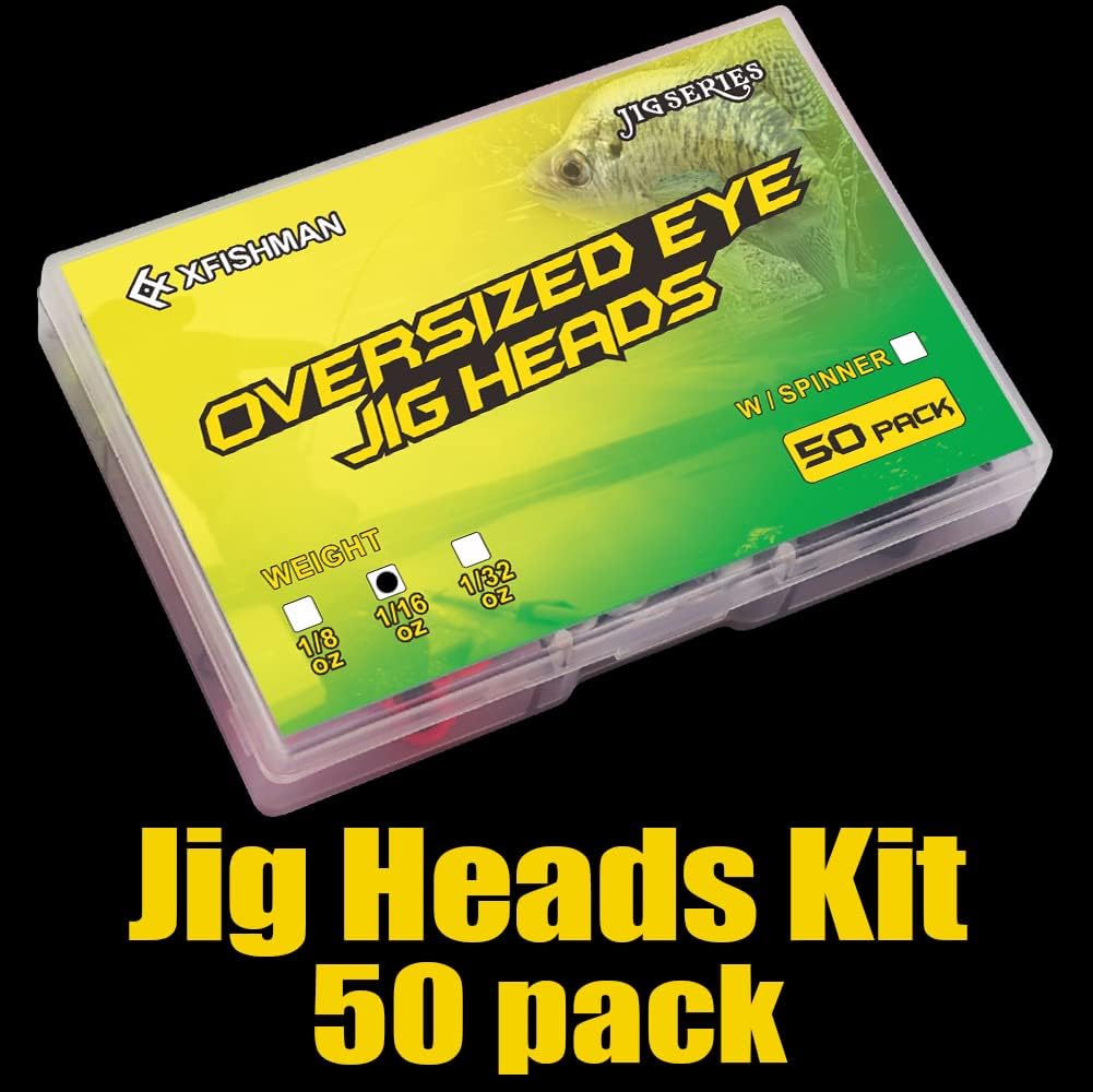 XFISHMAN Crappie-Jigs-Heads-Kit 1/8 1/16 1/32oz 50 Pack Panfish Fishing Jigs Lead Head Jig Hook Lure