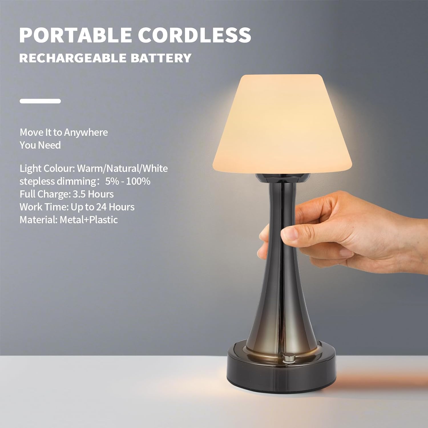 Waterproof Rechargeable Table Lamp for Shower & Outdoor, Cordless Touch Dimmable Nightstand Lamp with 3 Light Colors, Portable LED Light for Bedroom, Patio, Camping & Bar (Bright Chromium)
