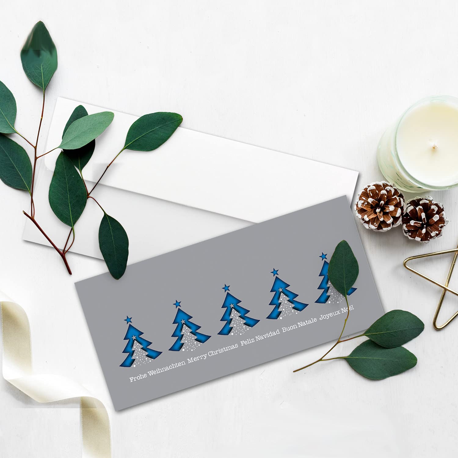 Juego de 200 tarjetas de Navidad DIN largo en gris con abetos azules y texto, tarjetas plegables con sobres a juego, DIN largos con cierre autoadhesivo, saludos navideños para empresas y privados