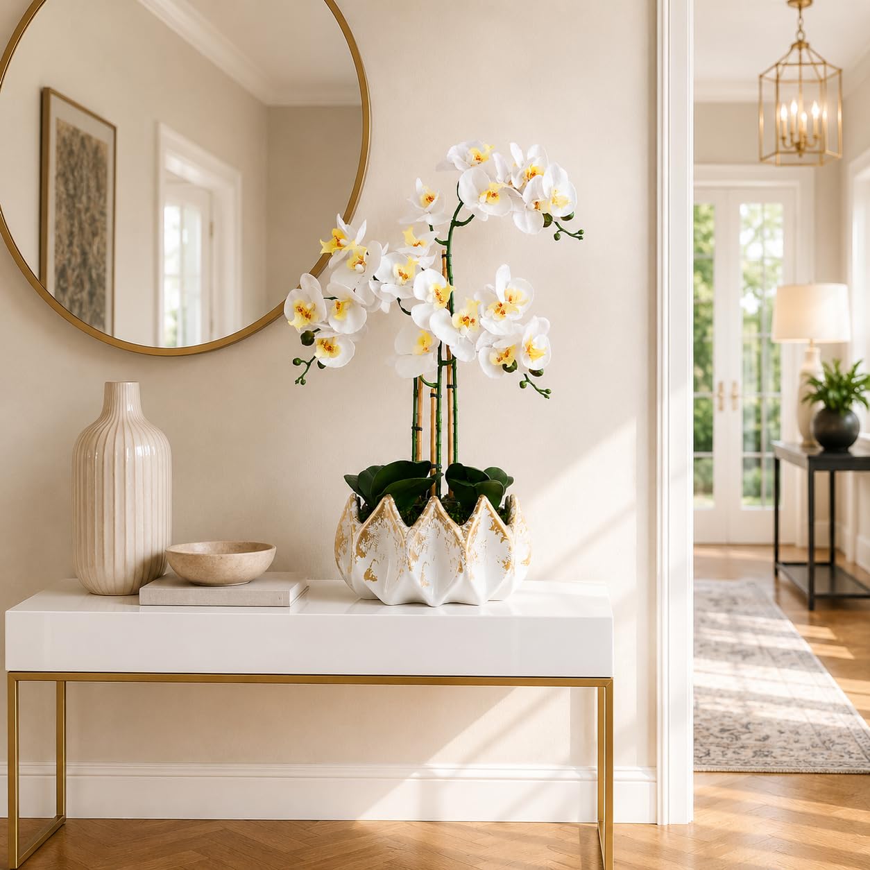 Orchidées artificielles comme de vraies fleurs blanches 70 cm – Fleurs artificielles en pot faciles d'entretien, sans arrosage, fabriquées à la main au Portugal avec mousse, bambou et