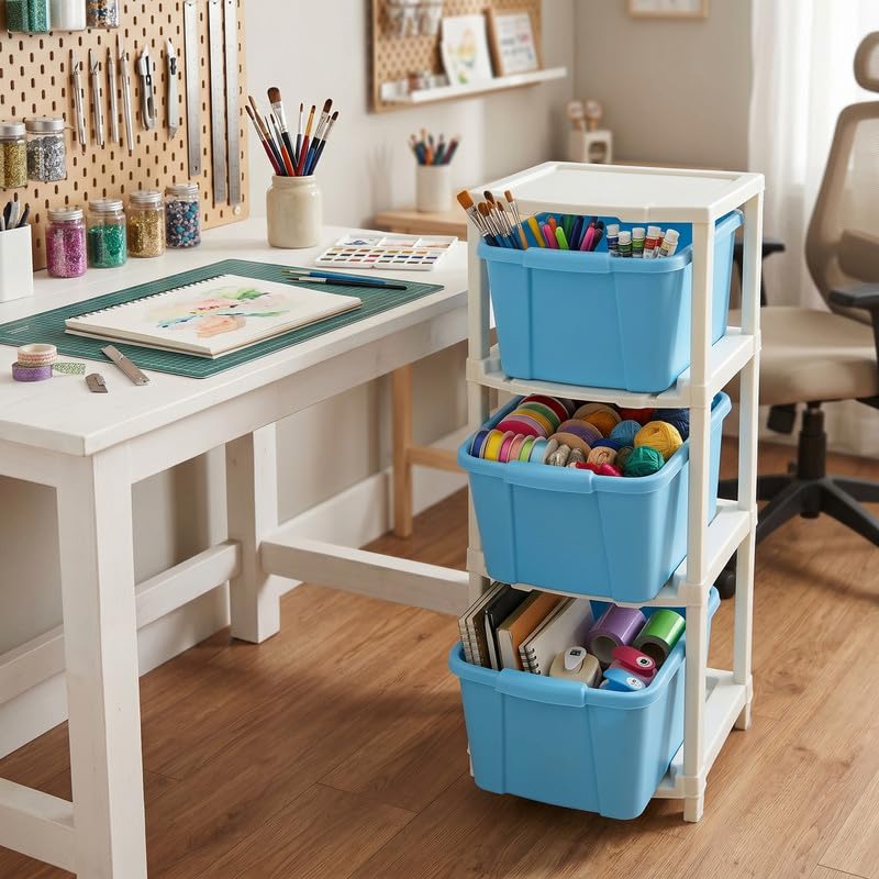 Image of Kavira Plastic Drawer Storage Tower - Space Organizer|Blue,3 Layer